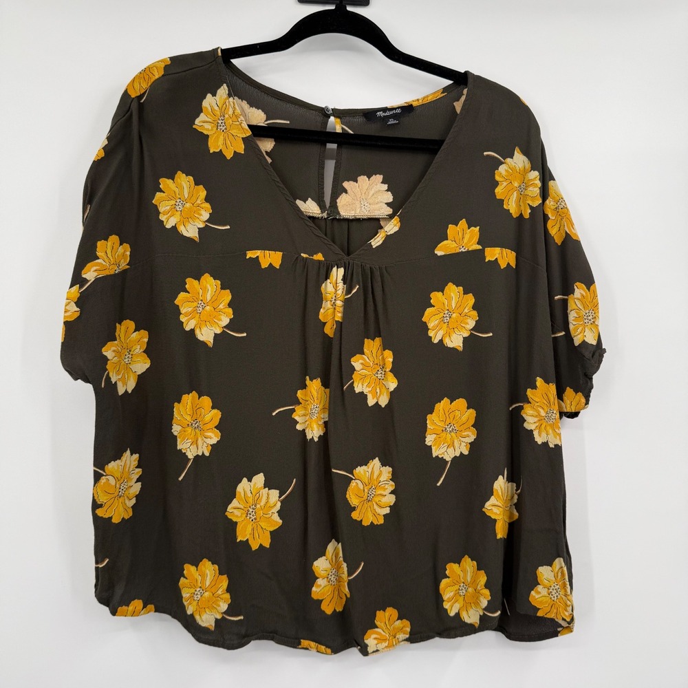 Madewell Top Shirt Womens XL Green‎ Yellow Floral V-Neck Short Sleeve Keyhole